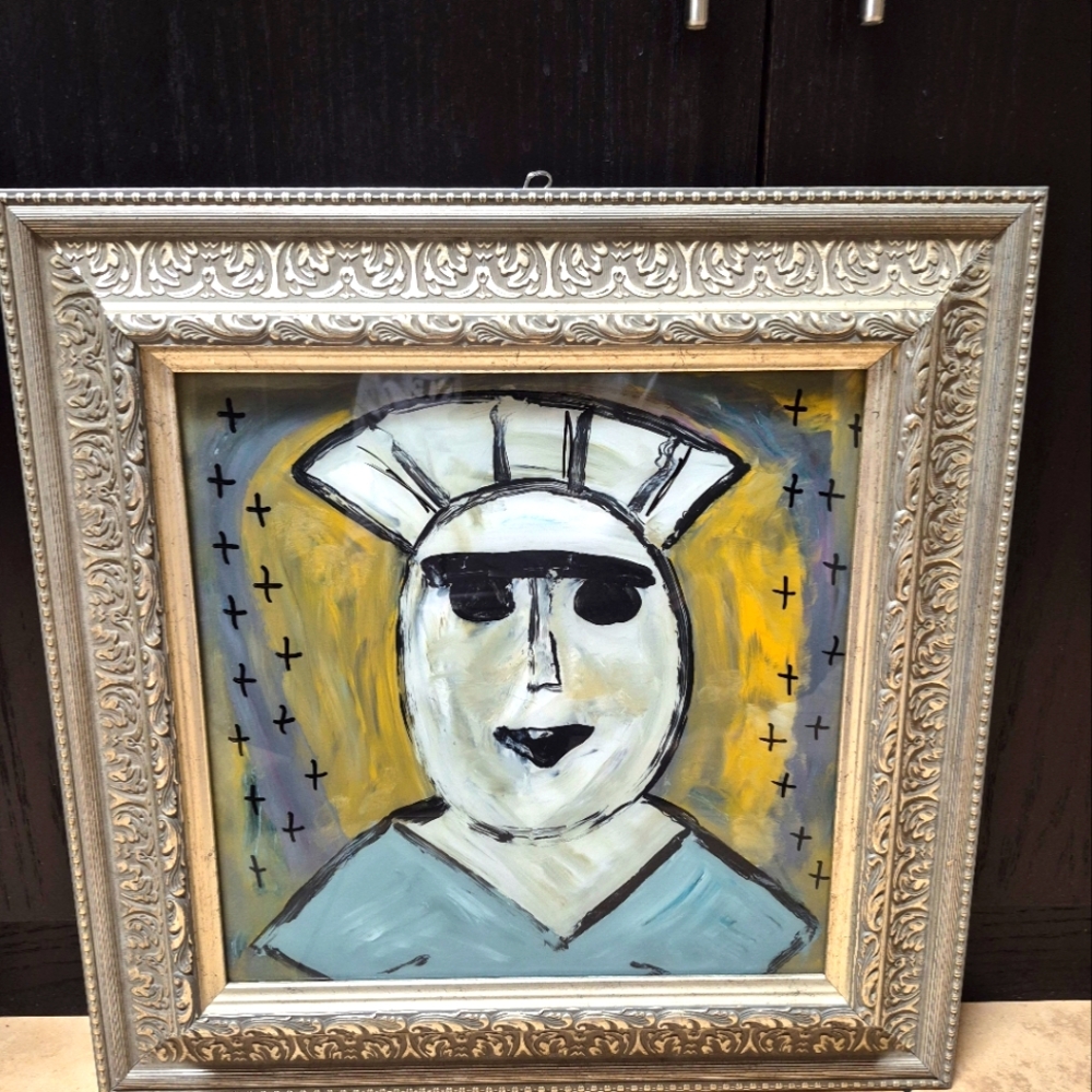 Framed Abstract Art with Silver and Yellow Accents SIZE 20 1/2 X 20 1/2